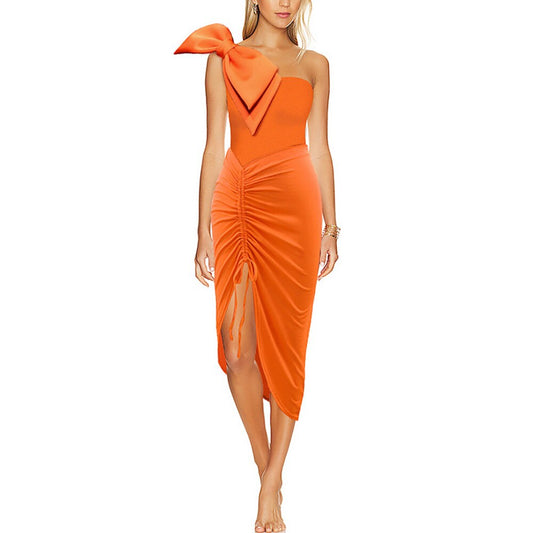 Orange Bowknot Decoration Solid Color One-piece Swimsuit Suit for Women Shoulder Strap Swimwear Cover Up Bikini Beach eprolo