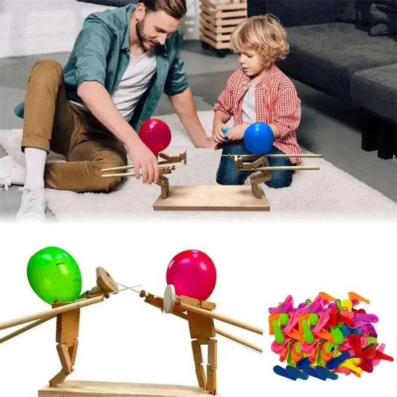 Fun Balloon Bamboo Man Battle Handmade Wooden Fencing Puppets Wooden Bots Battle Game Whack A Balloon For Party Home Decoration eprolo