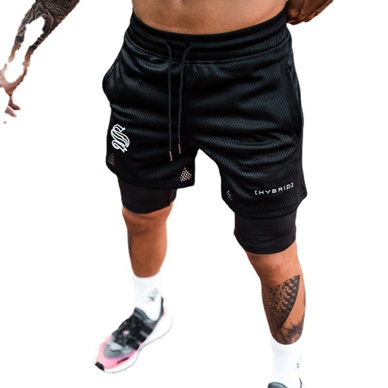 European and American Trendy Sports Double Layer Shorts For Mens Training Fake Two Piece Basketball Running Fitness Capris eprolo