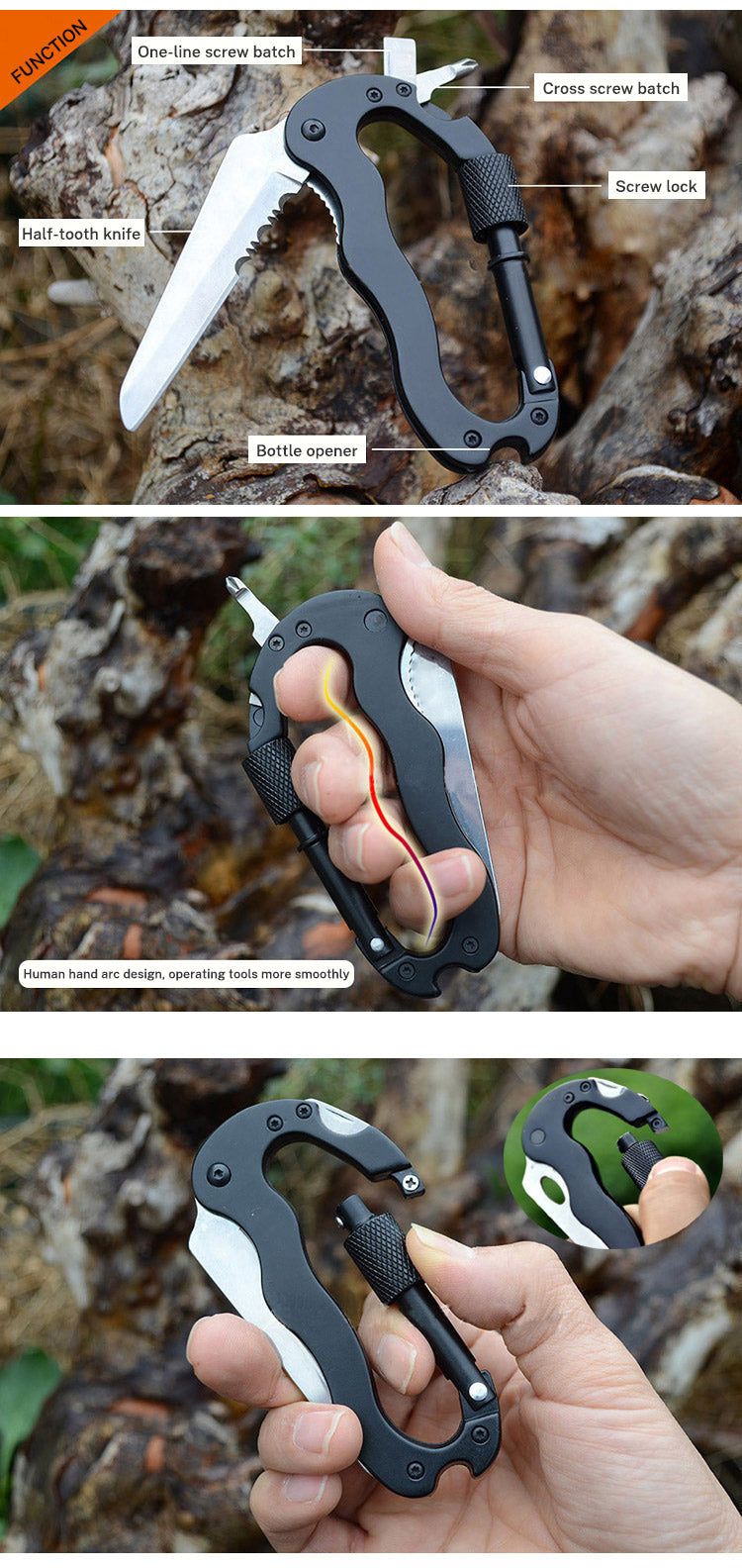 5 in 1 Outdoor Multi Function Mountaineering Buckle Fast Hanging Buckle Cross Screwdriver Carabiner Bottle Opener Wine Opener