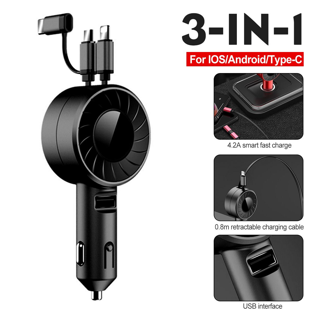 3-IN-1 Car Charger Mobile Phone  Adapter For IOS/Android/Type-C USB Retractable Charging Cable 4.2A Fast Charing For Truck eprolo