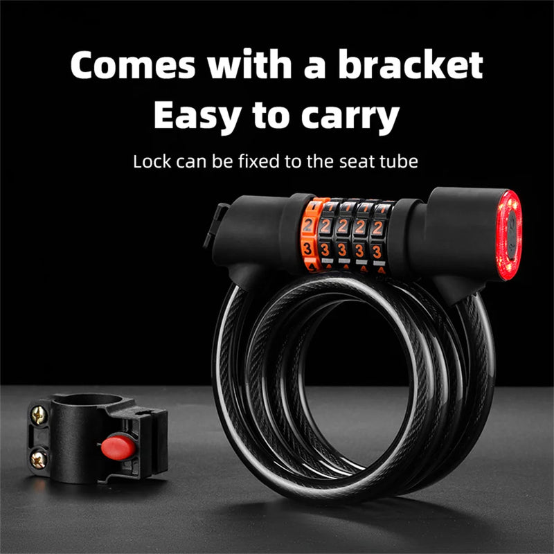 1.2M/1.8M Bike Lock Anti-theft 5 Digit Combination Password Security Lock With LED Light MTB Road Bike Steel Cable Bicycle Lock eprolo