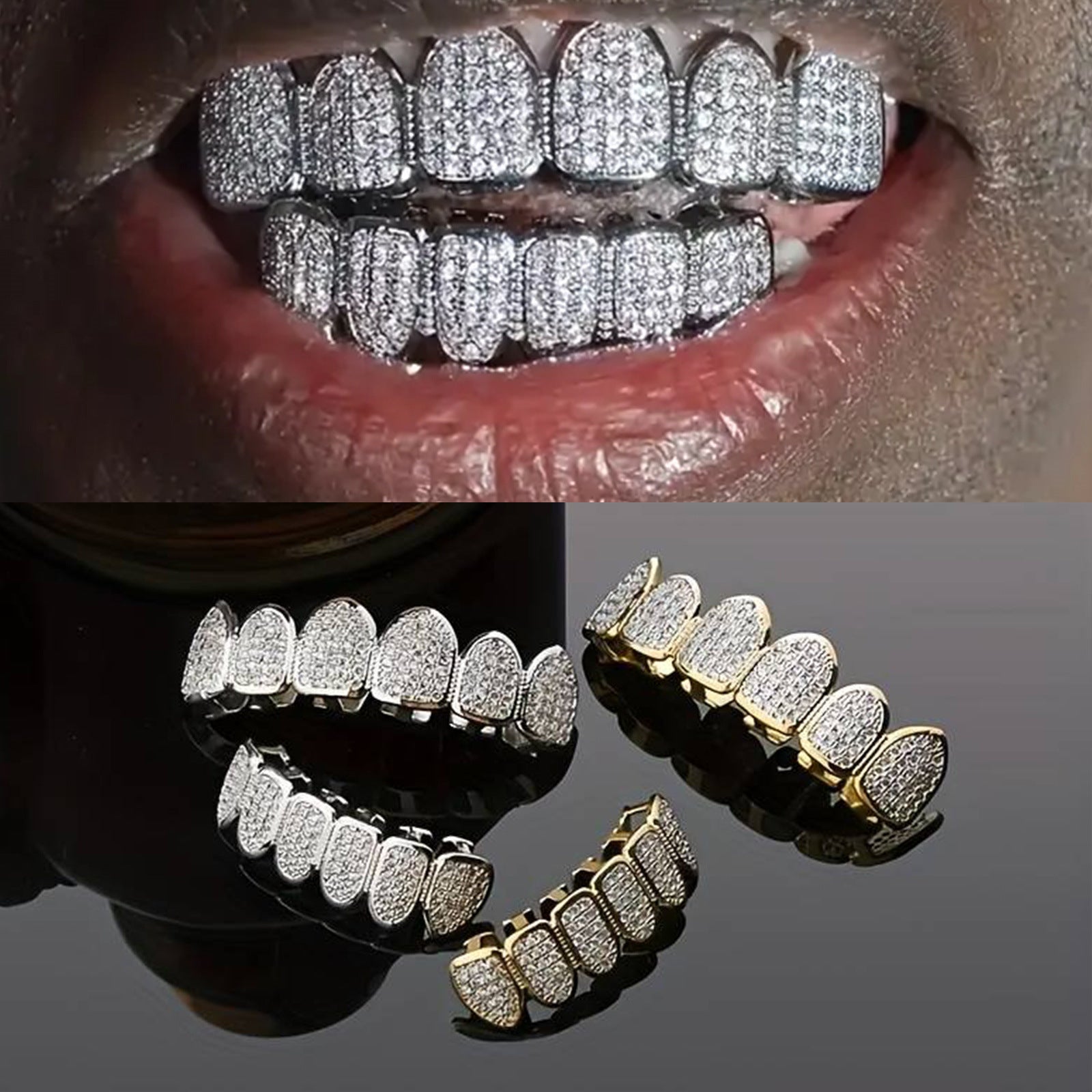 Hip hop braces with copper zircon micro inlaid with real gold Halloween teeth decoration exaggerated hiphopgrills eprolo