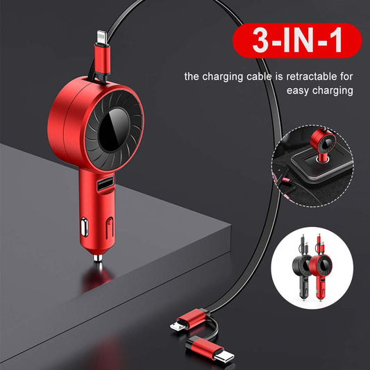 3-IN-1 Car Charger Mobile Phone  Adapter For IOS/Android/Type-C USB Retractable Charging Cable 4.2A Fast Charing For Truck eprolo