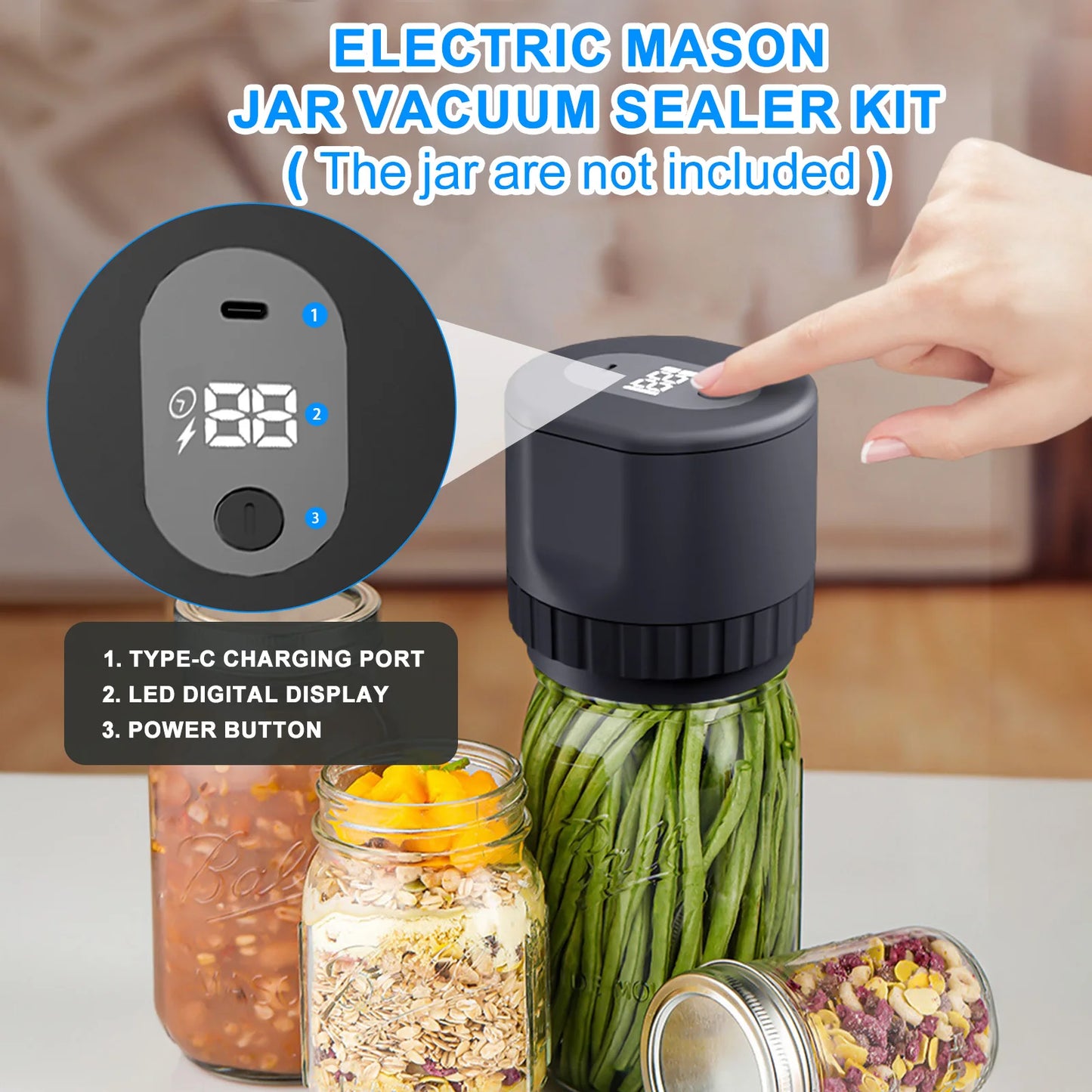 Electric Mason Jar Vacuum Sealer Kit Cordless Automatic Jar Sealer Kit for Food Storage and Fermentation with Mason Jar Lids eprolo