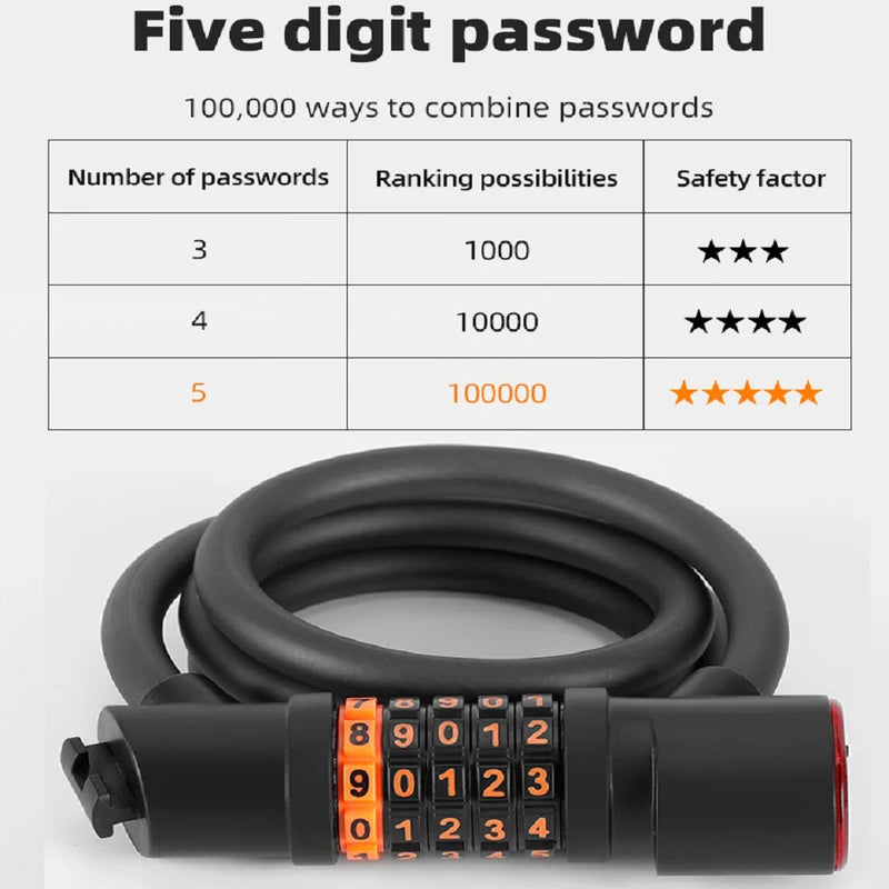 1.2M/1.8M Bike Lock Anti-theft 5 Digit Combination Password Security Lock With LED Light MTB Road Bike Steel Cable Bicycle Lock eprolo