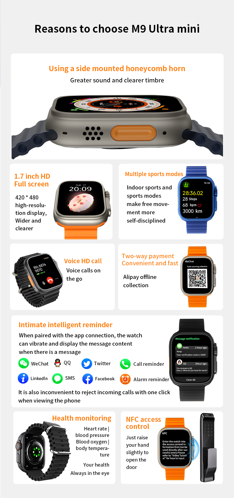 GS M9 Ultra mini smartwatch heart rate call scanning payment eprolo