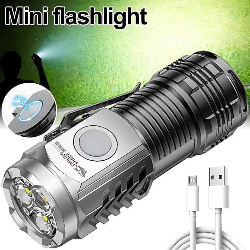 Mini Powerful LED Flashlight USB Rechargeable Strong Light Torch with Three Eye Flashlight Portable Camping Fishing Lantern eprolo