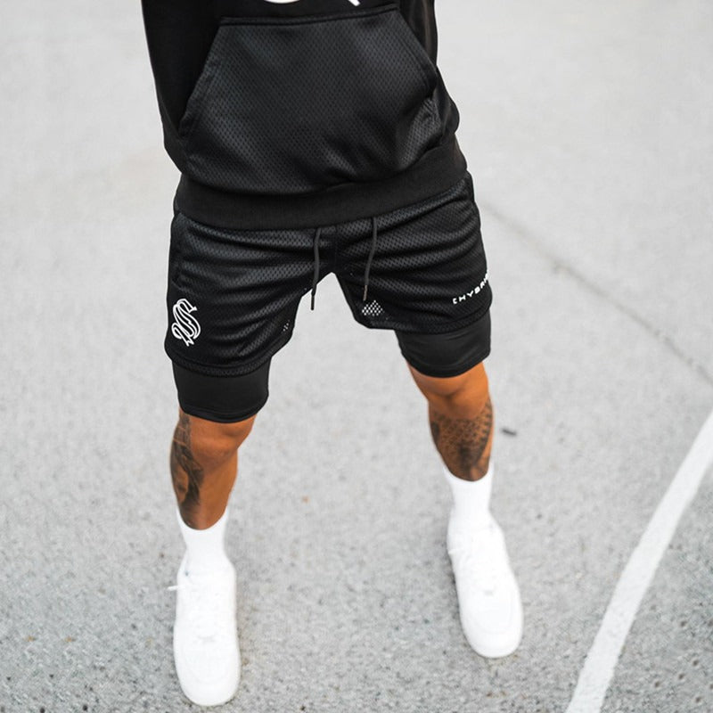 European and American Trendy Sports Double Layer Shorts For Mens Training Fake Two Piece Basketball Running Fitness Capris eprolo