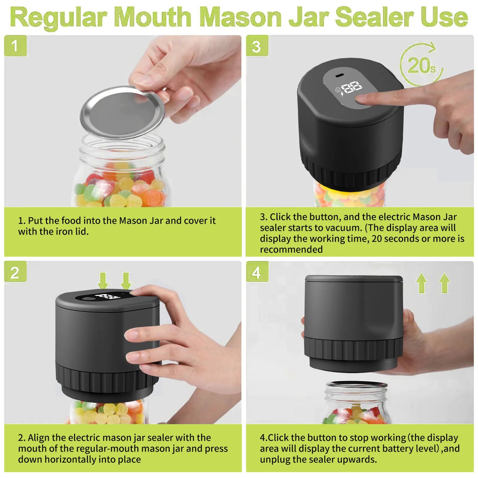 Electric Mason Jar Vacuum Sealer Kit Cordless Automatic Jar Sealer Kit for Food Storage and Fermentation with Mason Jar Lids eprolo