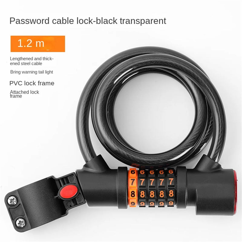 1.2M/1.8M Bike Lock Anti-theft 5 Digit Combination Password Security Lock With LED Light MTB Road Bike Steel Cable Bicycle Lock eprolo