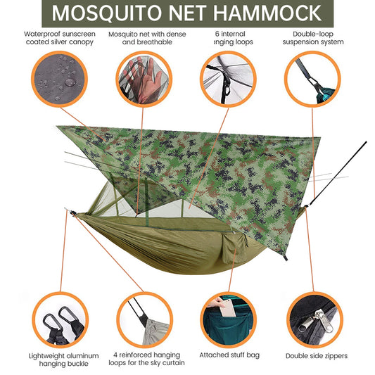 260x140cm Outdoor Double Camping Hammock with Mosquito Net and Rain Fly Tarp Lightweight Parachute Hammocks for Travel Hiking eprolo