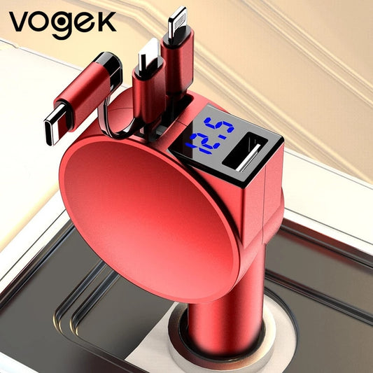 Vogek 3-in-1 Car Charger 60W Super Fast Charging for iPhone Xiaomi Huawei Samsung with Telescopic Charging Cables and Adapters eprolo