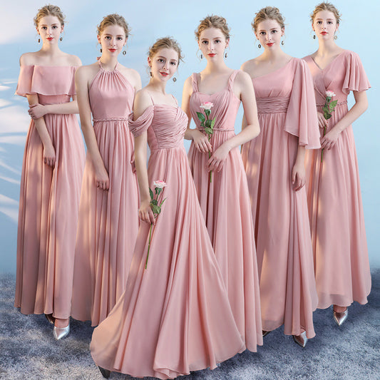 Bridesmaid dress wedding dress annual meeting banquet evening dress pink chiffon one-shoulder bridesmaid dress toast dress host dress wedding dress alfamoba