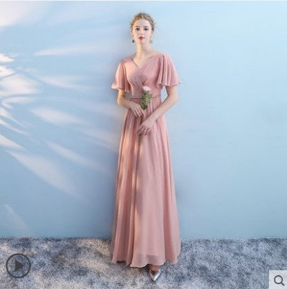 Bridesmaid dress wedding dress annual meeting banquet evening dress pink chiffon one-shoulder bridesmaid dress toast dress host dress wedding dress alfamoba