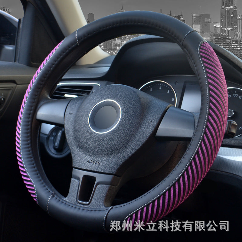 New ice silk steering wheel cover car set breathable sweat comfortable summer striped colored stitching alfamoba