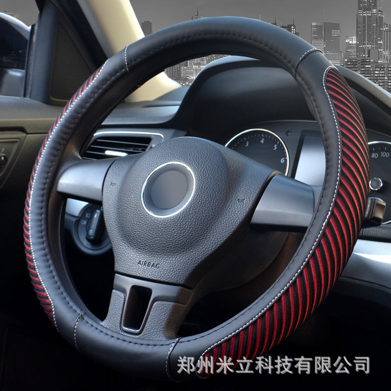 New ice silk steering wheel cover car set breathable sweat comfortable summer striped colored stitching alfamoba