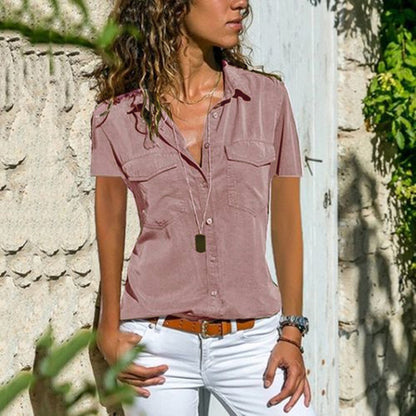 eBay AliExpress Wish Amazon European and American summer and autumn new ladies shirts lapel short-sleeved shirt women's clothing alfamoba