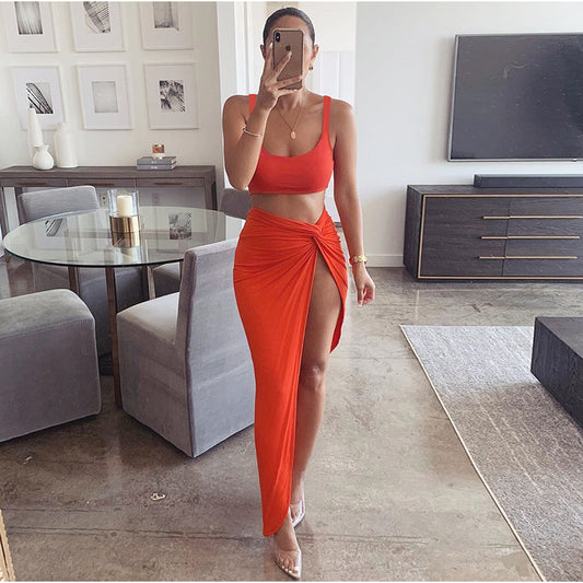 Cross-border European and American sling tube top mid-length solid color high split two-piece female suit autumn female long skirt new alfamoba