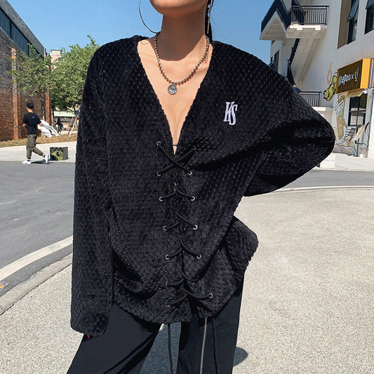 European and American style 2019 Amazon winter women's new long sleeve V-neck tape cardigan loose wild display thin jacket alfamoba