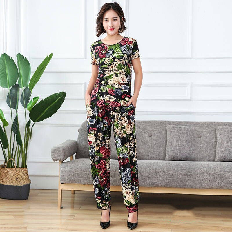 Summer ice silk short sleeve set middle-aged women's mother loose large size thin section flexible multi-color home two-piece alfamoba