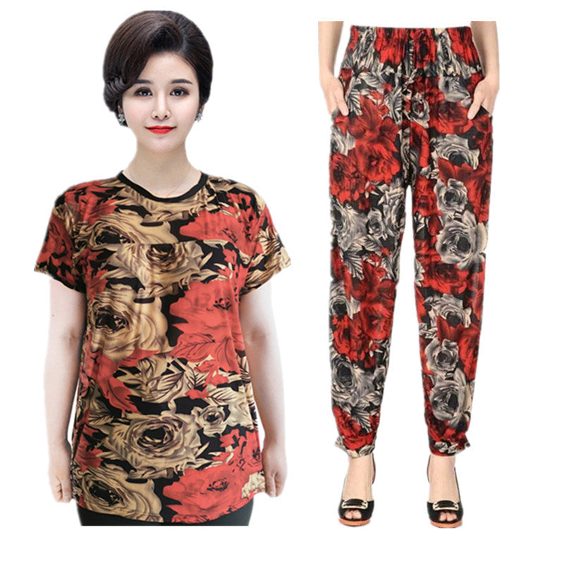 Summer ice silk short sleeve set middle-aged women's mother loose large size thin section flexible multi-color home two-piece alfamoba