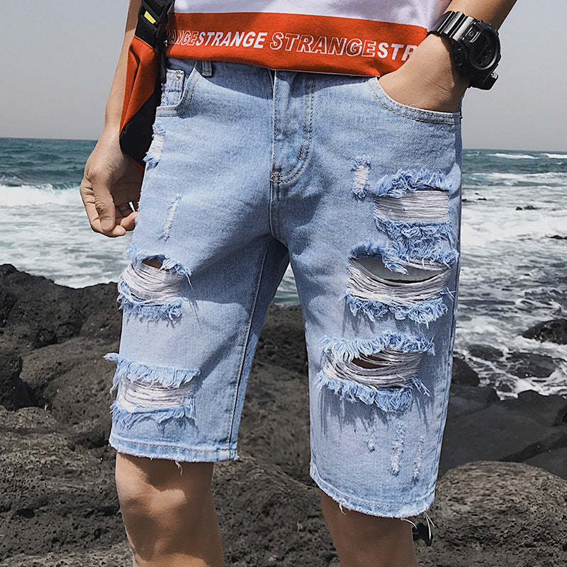 Summer Personality Cowboy Shorts Korean version of the body slim big broken fashion trend five points denim short pants alfamoba