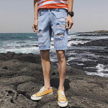 Summer Personality Cowboy Shorts Korean version of the body slim big broken fashion trend five points denim short pants alfamoba