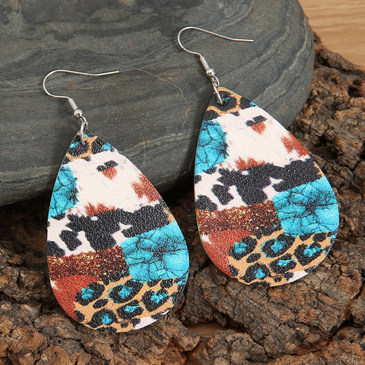 new drop-shaped retro cow leopard leather earrings western wind turquoise pattern pu earrings wholesale alfamoba