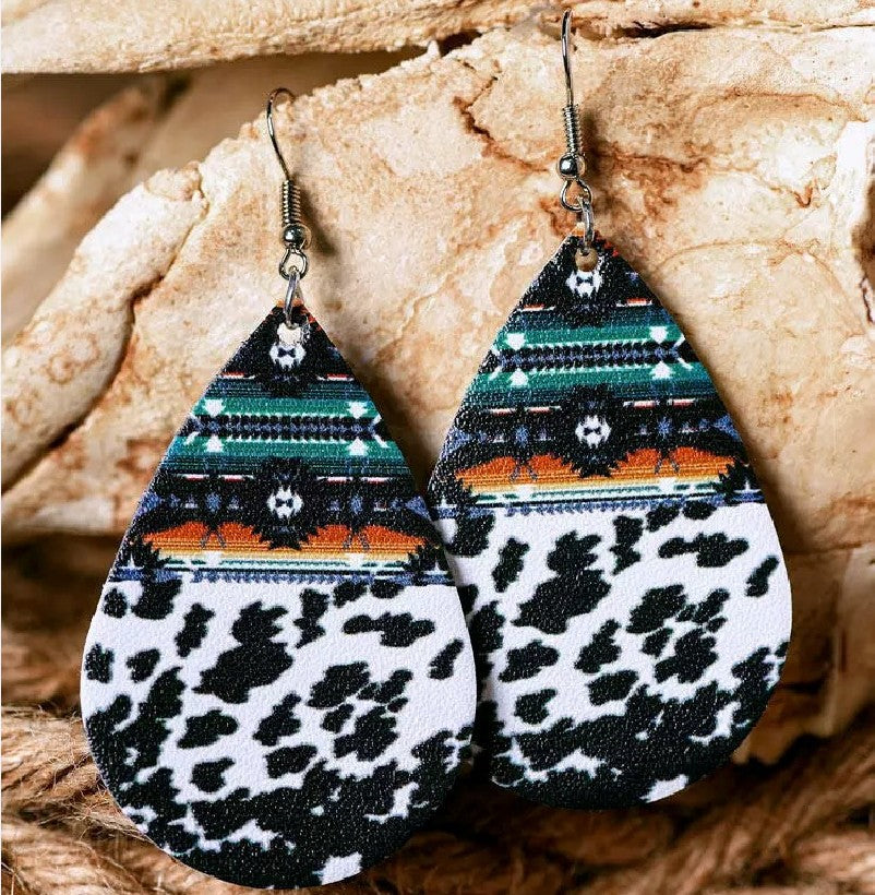 new drop-shaped retro cow leopard leather earrings western wind turquoise pattern pu earrings wholesale alfamoba