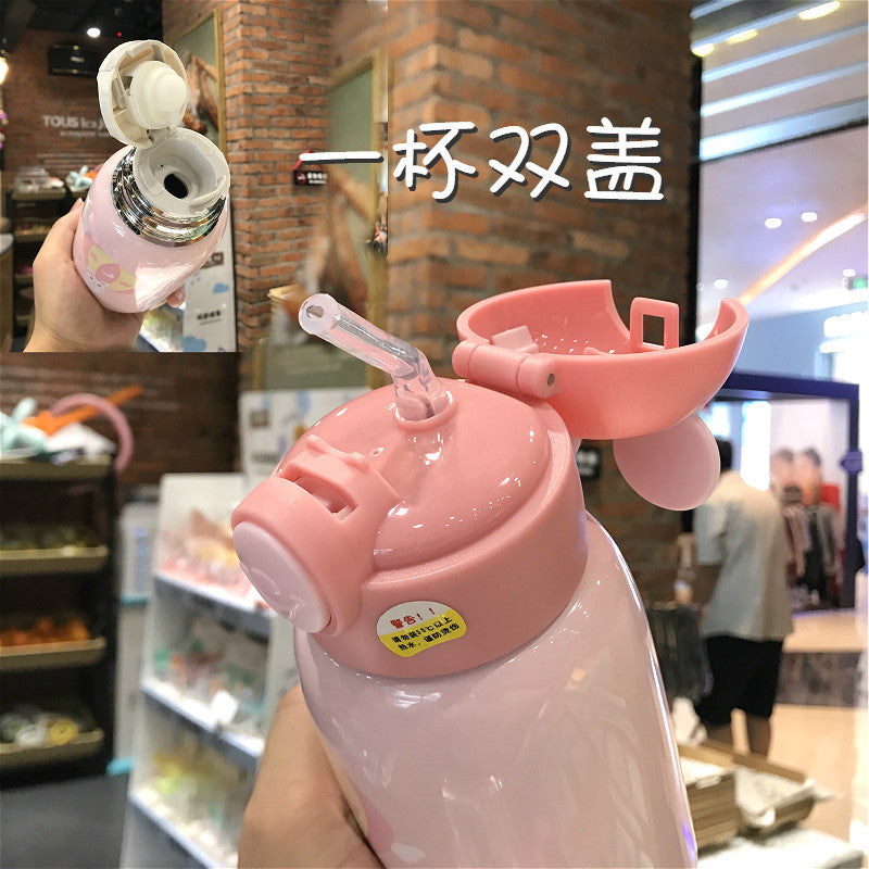 Double cover Child Insulation Cup with straw slanted crossover set can be back primary school water cup men and women baby kindergarten kettle alfamoba