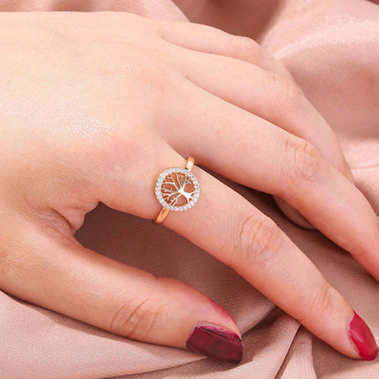 Round tree of life with Bright Zircon Open adjustable ring alfamoba