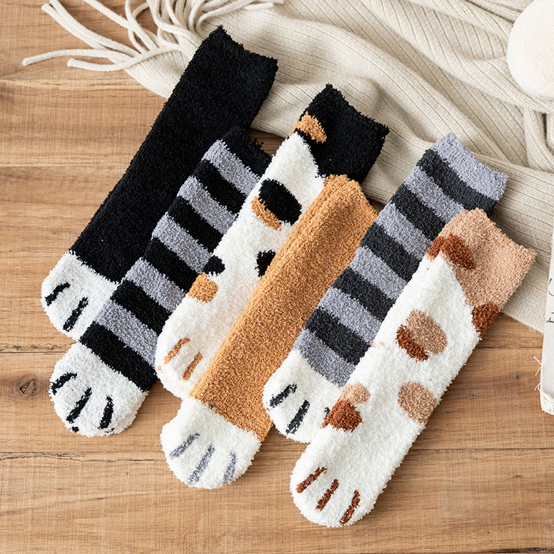 Socks female coral velvet in the cash stockings Cat claw warm Mao autumn and winter thick plus velvet sleep floor socks long cylinder monthly socks alfamoba