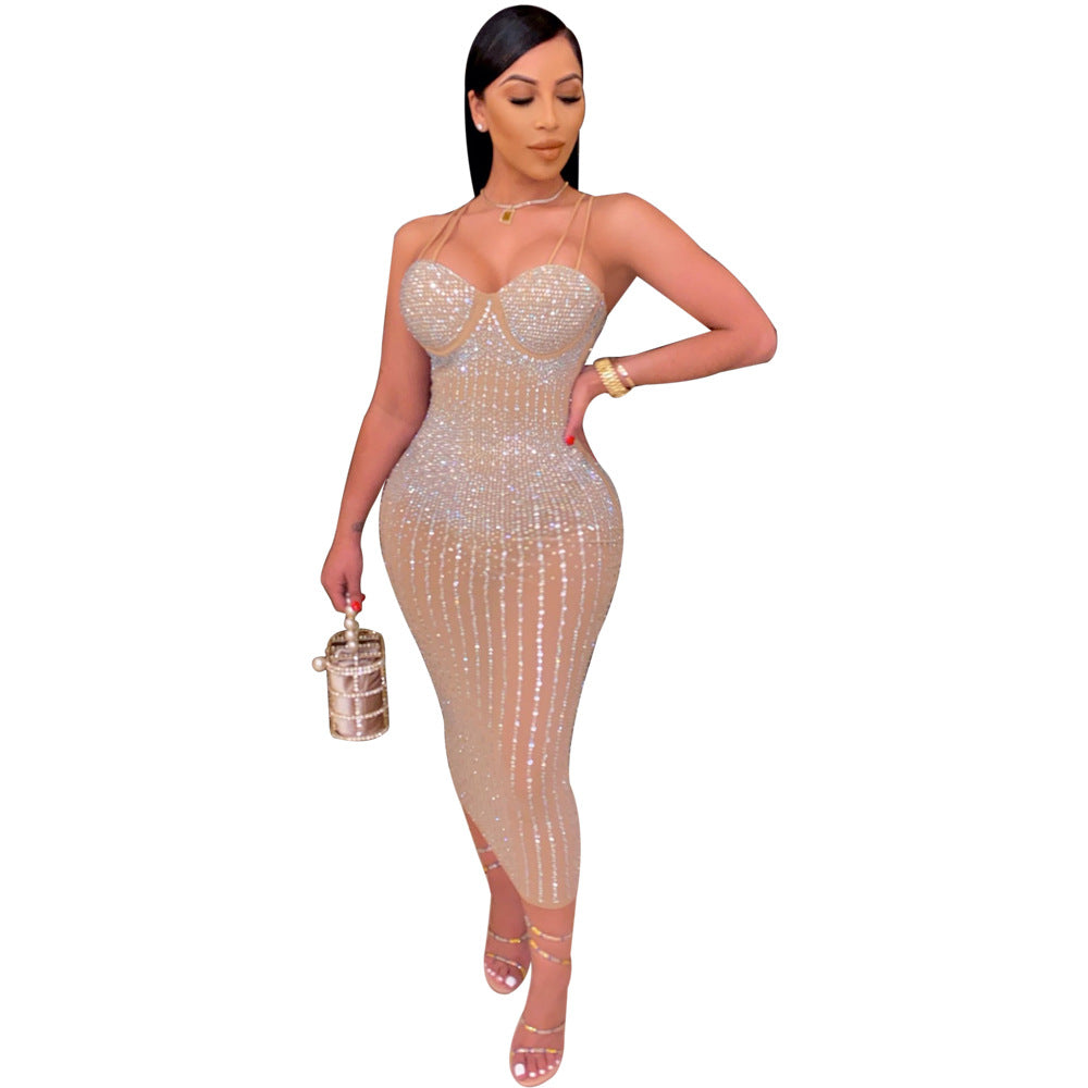 VK2072 European and American cross-border women's sling hot rhinestone see-through slim dress eBay alfamoba