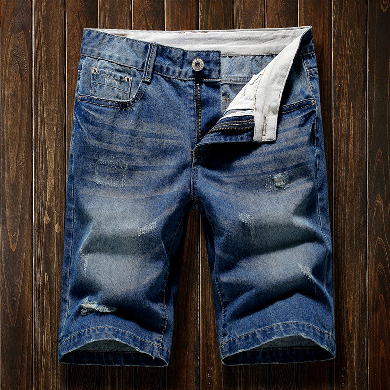 Summer denim shorts men's broken cave pants teen retro Korean version of the straight nostalgic men's five pants alfamoba