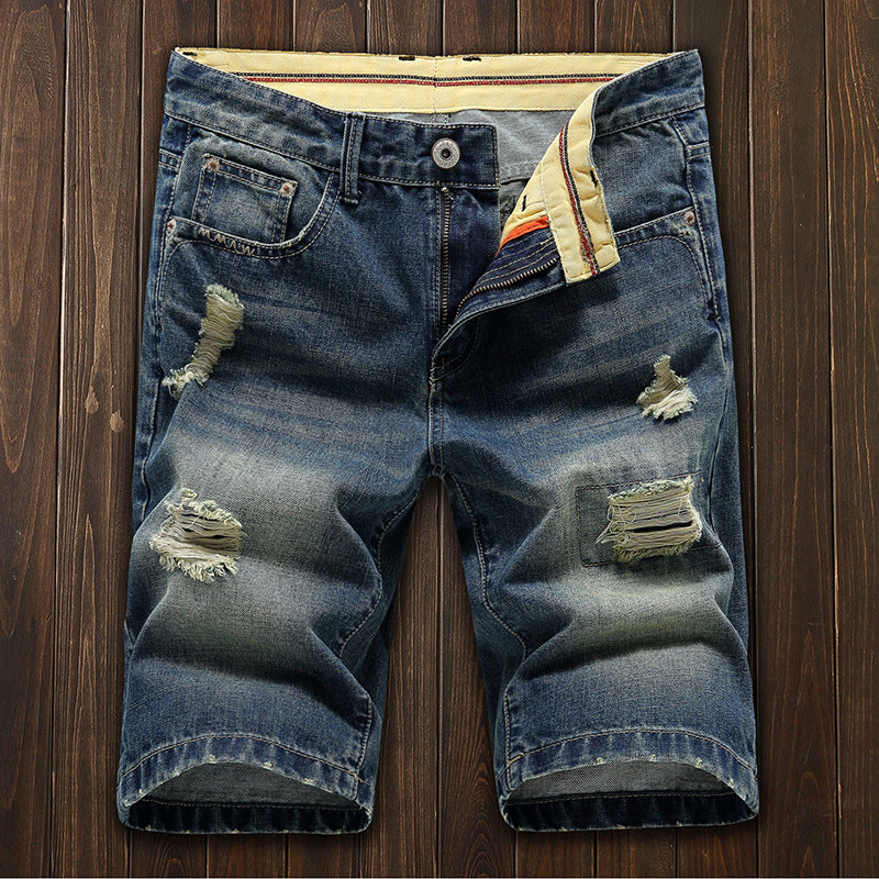 Summer denim shorts men's broken cave pants teen retro Korean version of the straight nostalgic men's five pants alfamoba