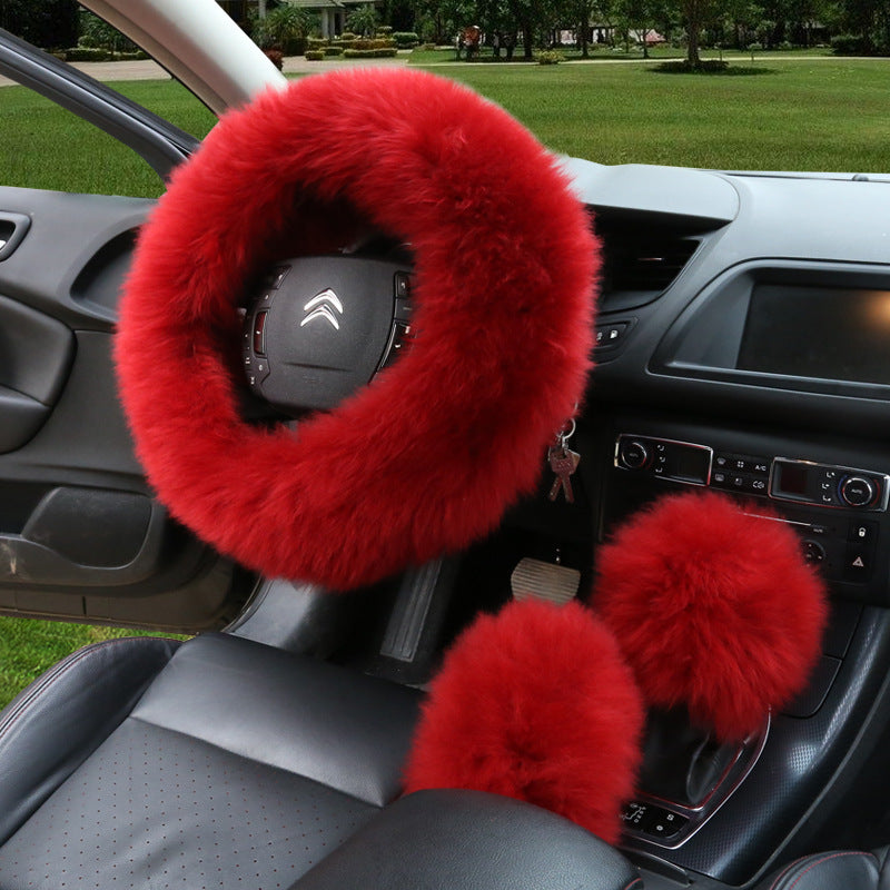 Manufacturers model car blocking wool handle set fur car steering wheel cover car universal fur three-piece set alfamoba