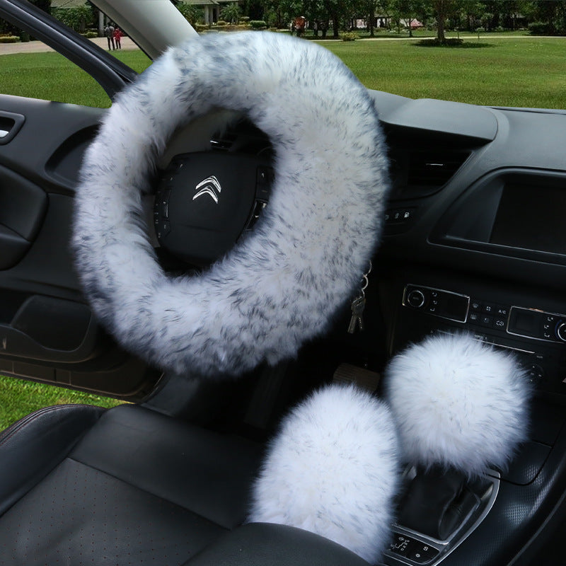 Manufacturers model car blocking wool handle set fur car steering wheel cover car universal fur three-piece set alfamoba