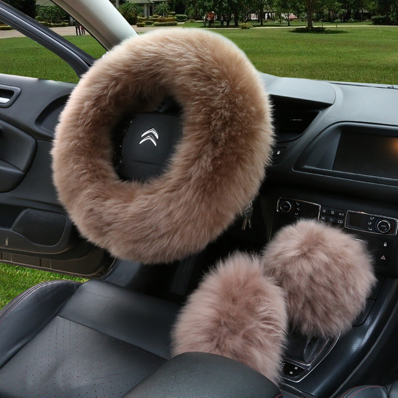 Manufacturers model car blocking wool handle set fur car steering wheel cover car universal fur three-piece set alfamoba