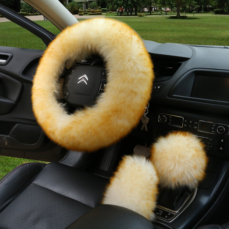 Manufacturers model car blocking wool handle set fur car steering wheel cover car universal fur three-piece set alfamoba