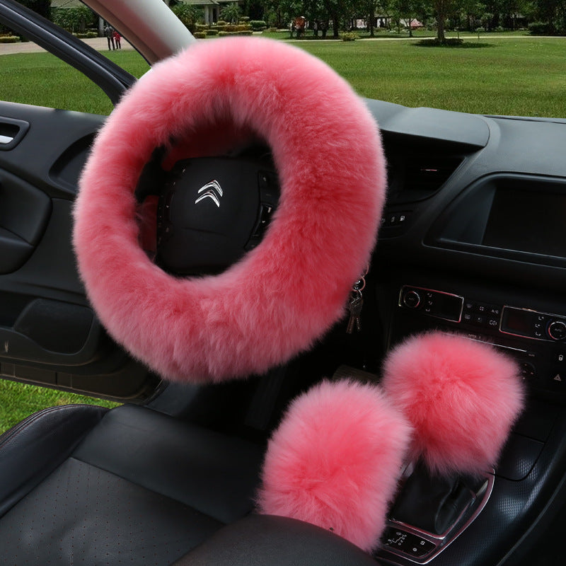 Manufacturers model car blocking wool handle set fur car steering wheel cover car universal fur three-piece set alfamoba