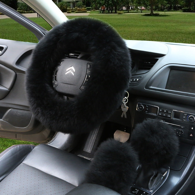 Manufacturers model car blocking wool handle set fur car steering wheel cover car universal fur three-piece set alfamoba