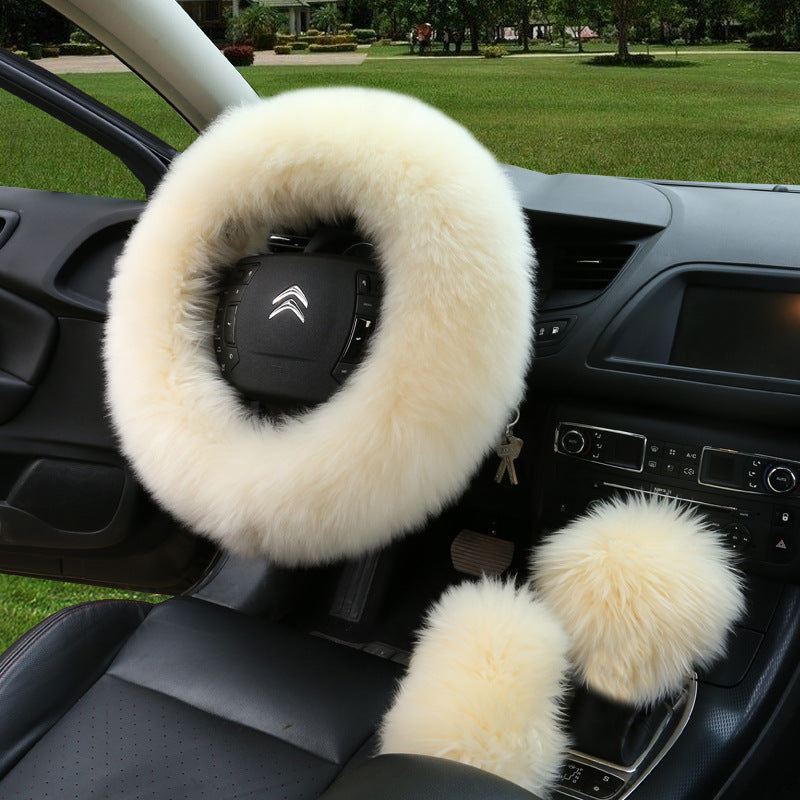 Manufacturers model car blocking wool handle set fur car steering wheel cover car universal fur three-piece set alfamoba