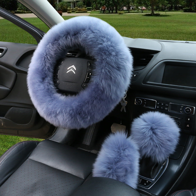 Manufacturers model car blocking wool handle set fur car steering wheel cover car universal fur three-piece set alfamoba