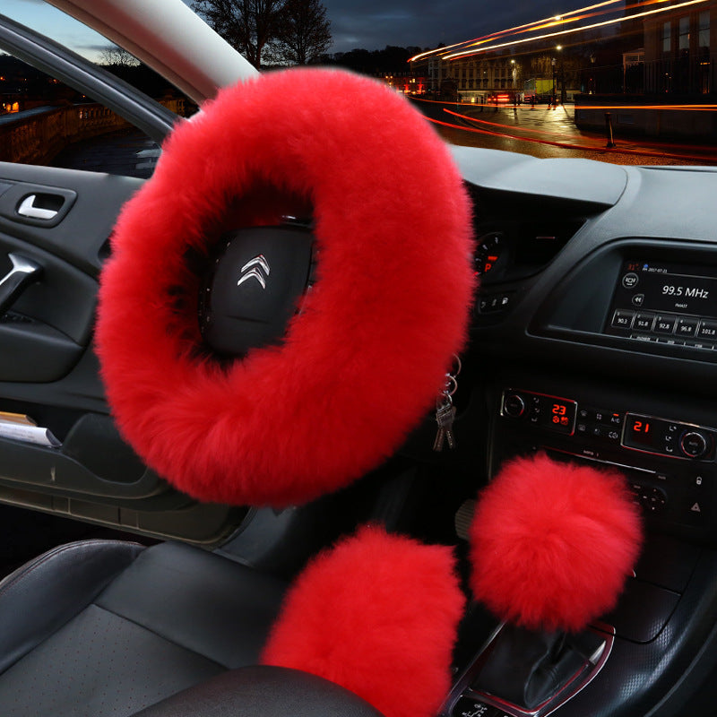 Manufacturers model car blocking wool handle set fur car steering wheel cover car universal fur three-piece set alfamoba