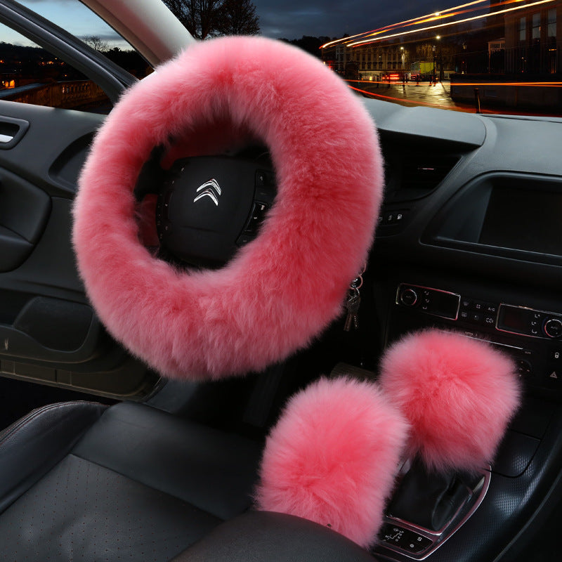 Manufacturers model car blocking wool handle set fur car steering wheel cover car universal fur three-piece set alfamoba