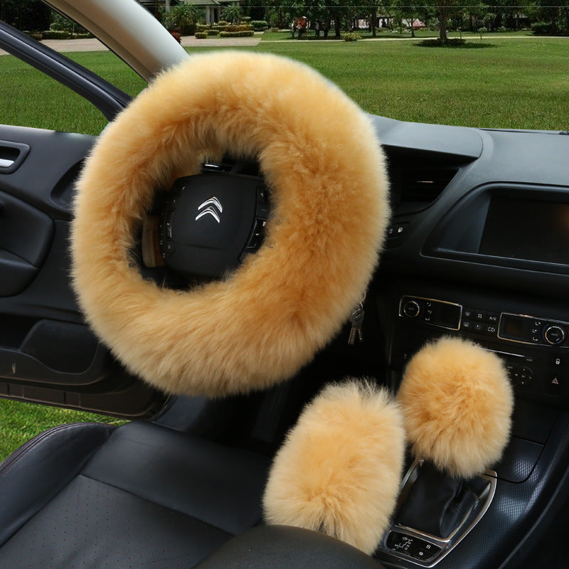 Manufacturers model car blocking wool handle set fur car steering wheel cover car universal fur three-piece set alfamoba