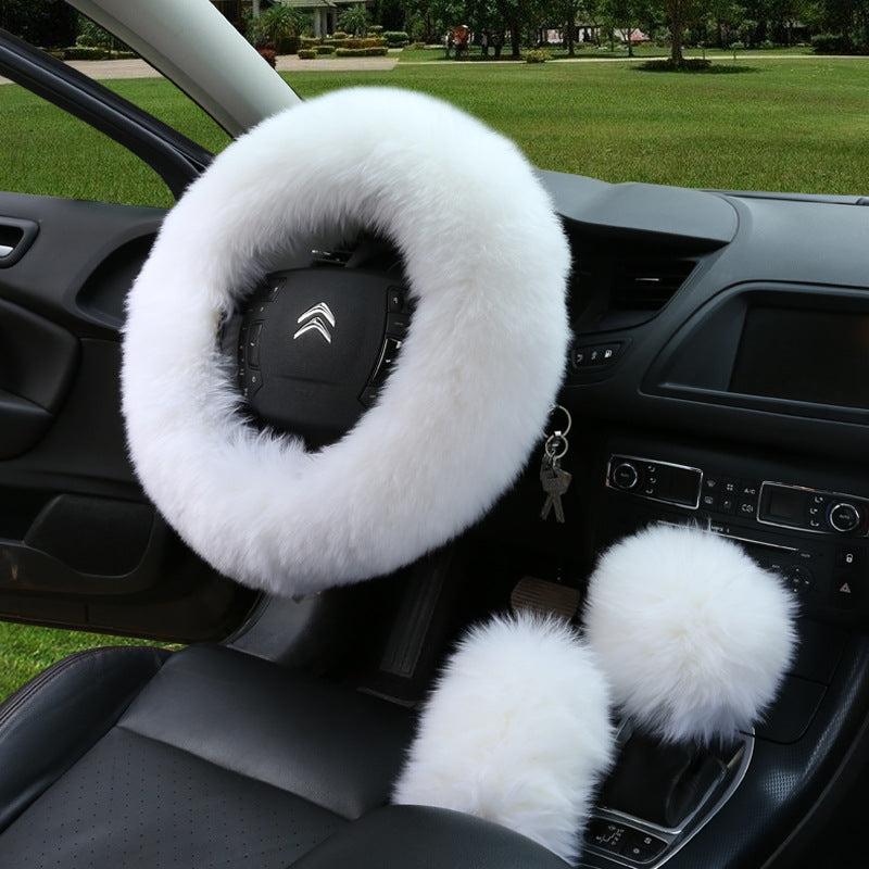 Manufacturers model car blocking wool handle set fur car steering wheel cover car universal fur three-piece set alfamoba