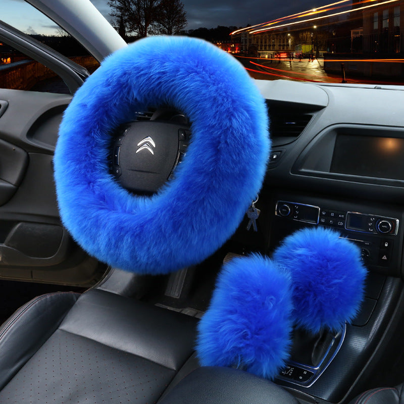 Manufacturers model car blocking wool handle set fur car steering wheel cover car universal fur three-piece set alfamoba