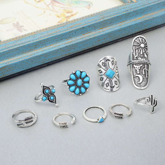 New retro bohemian ethnic style nine-piece turquoise gemstone ring hand jewelry combination set alfamoba